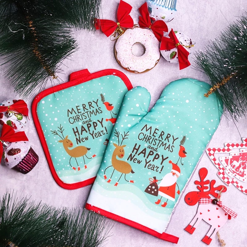 2pcs/set Christmas Gloves Oven Mitts Merry Christmas Decorations Xmas Home Kitchen Ornaments Navidad Noel New Year 2023 Gifts