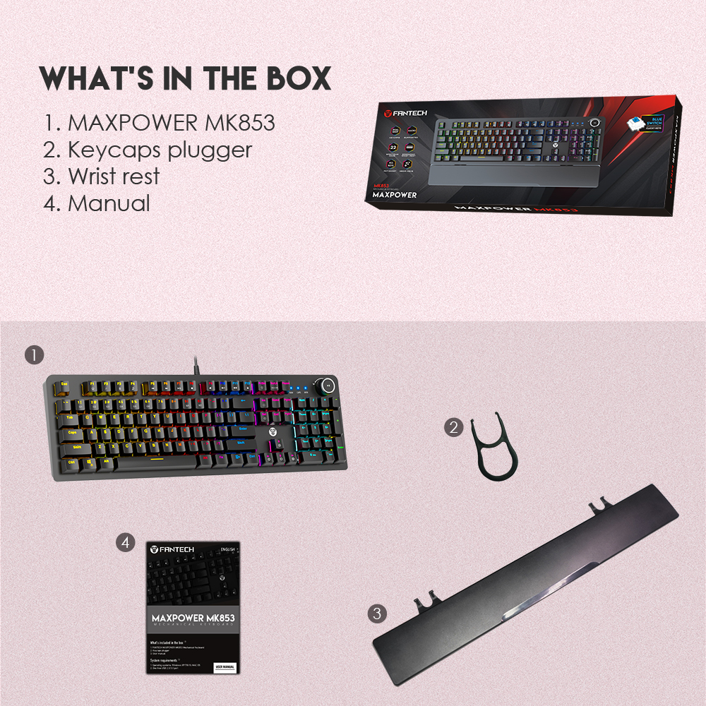 FANTECH MK853 Mechanical Keyboard Blue/Red Switch Ergonomics Backlit USB Wired Gaming Keyboard With Hand Rest For Laptop PC. 