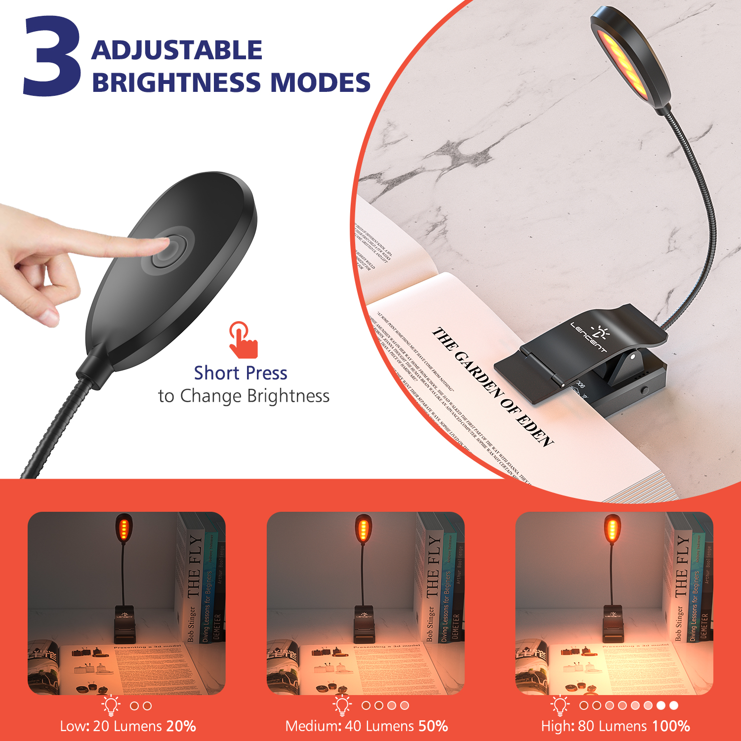 LENCENT Reading Light Amber Light Book Lamp with Blue Light Blocking Eye Care with Better Clip for Sleeping with Night Light USB Rechargeable for Electronic Reader Children Reading in Bed. 
