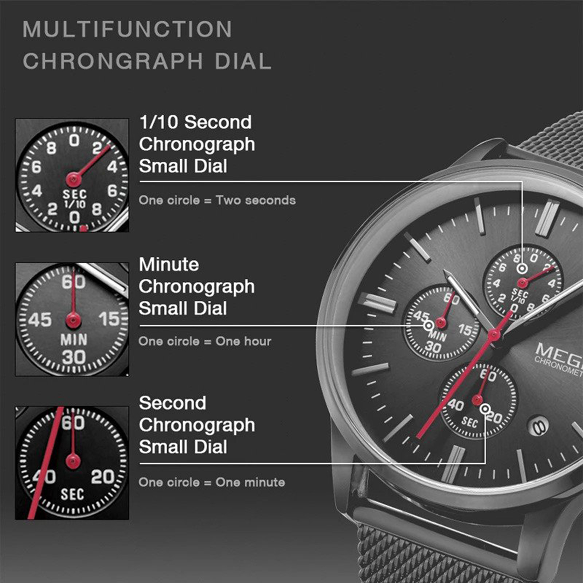 MEGIR WATCH MS2011G (Black case and black mesh band). 