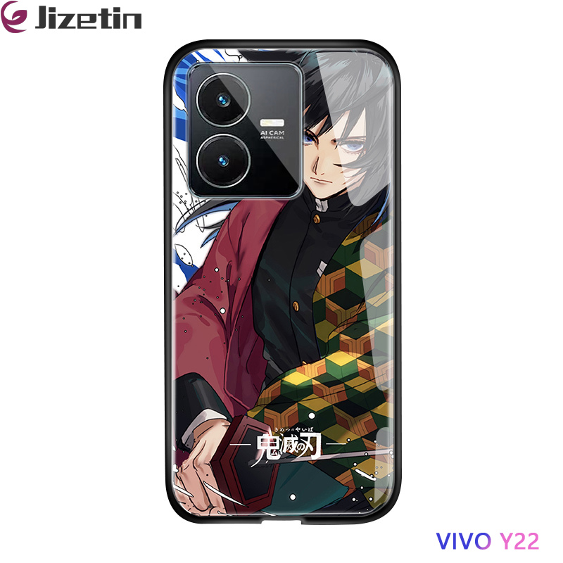Jizetin for Vivo Y22 / Y22S Glass Back Cover Demon Slayer Glossy Tempered Glass Shockproof Soft Edge Phone Cases