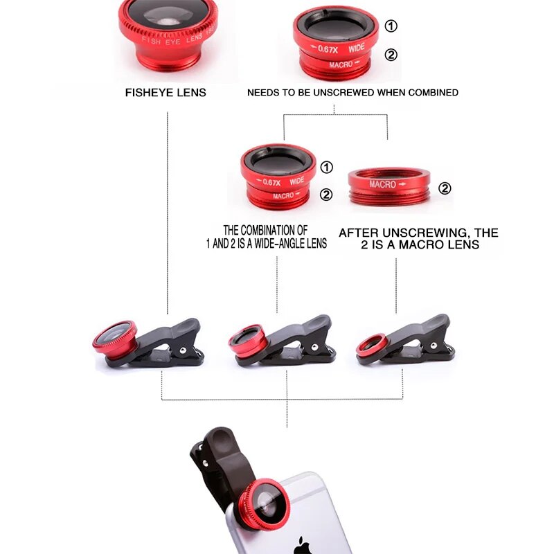 3 in 1 Fisheye Wide Angle Micro Camera Lens for iPhone 0.67X Wide Angle Zoom Fish Eye Len on Smartphone Lenses with Phone Clip. 