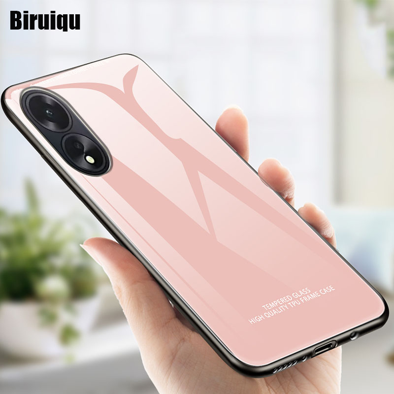 Biruiqu For OPPO A18/A38 Shockproof Tempered Glass Back Soft Silicone Edge Black Case Cover Casing