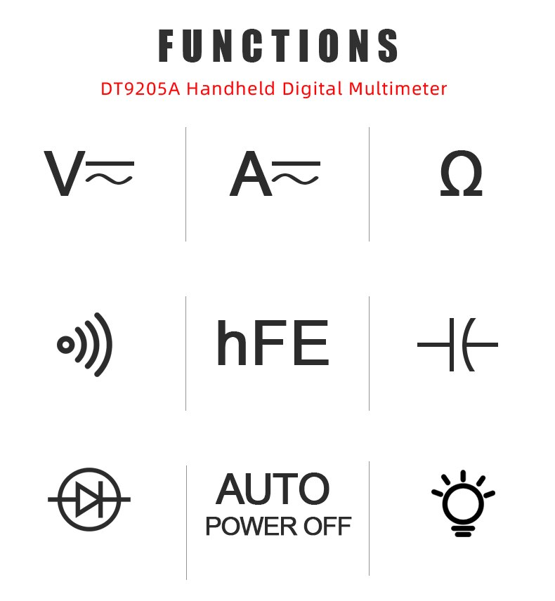 DT9205A Professional Digital Multimeter Manual Range Voltmeter Ammeter Hfe Transistor Test Ohm Hz Capacitance Continuity Tester. 
