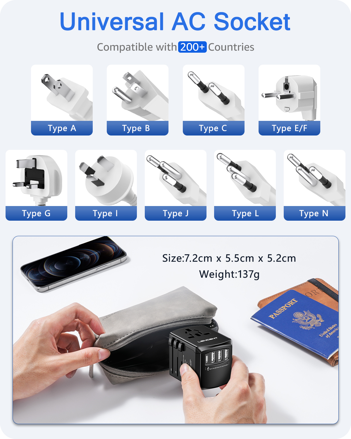 [NEW VERSION]LENCENT Universal Travel Adaptor with UK/USA/EU/AUS Worldwide Travel Charger Plug, 3 USB Ports and 1 Type C International Wall Adapter & Universal Socket for Travelling over 200 countries for iphone xiaomi Huawei and so on. 