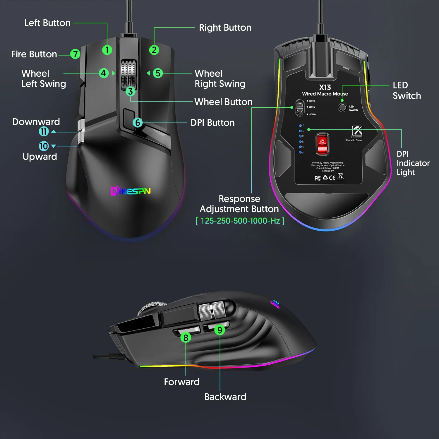 X13 Gaming Mouse Wired 2 Wheels 12400DPI 6 Level Adjustable RGB 1000Hz 10D Programmable Macro For Laptop PC Windows Mac. 