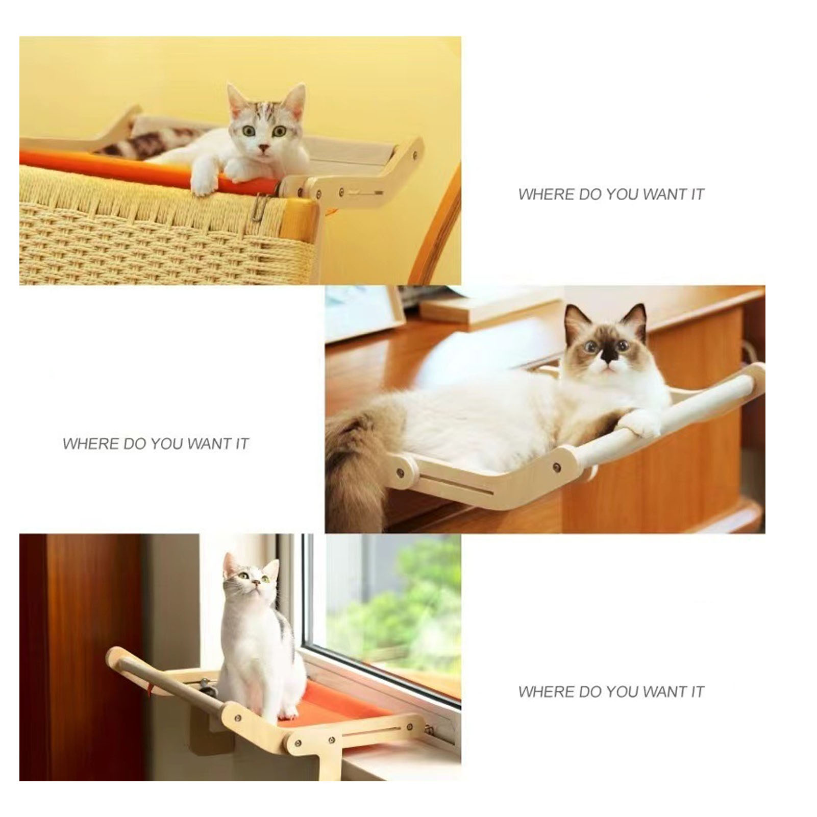 Windowsill Cat Bed Wood Structure Universal Cat Window Hammock Space Saving for Bedside. 