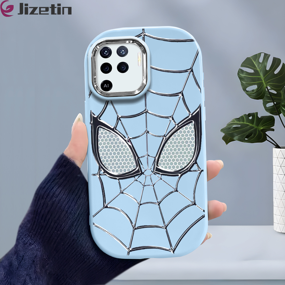 Jizetin for OPPO F19 Pro / A94 / Reno5 F Back Cover Silver Spider Mask Bright Lens Frame Candy Soft Rubber Phone Cases
