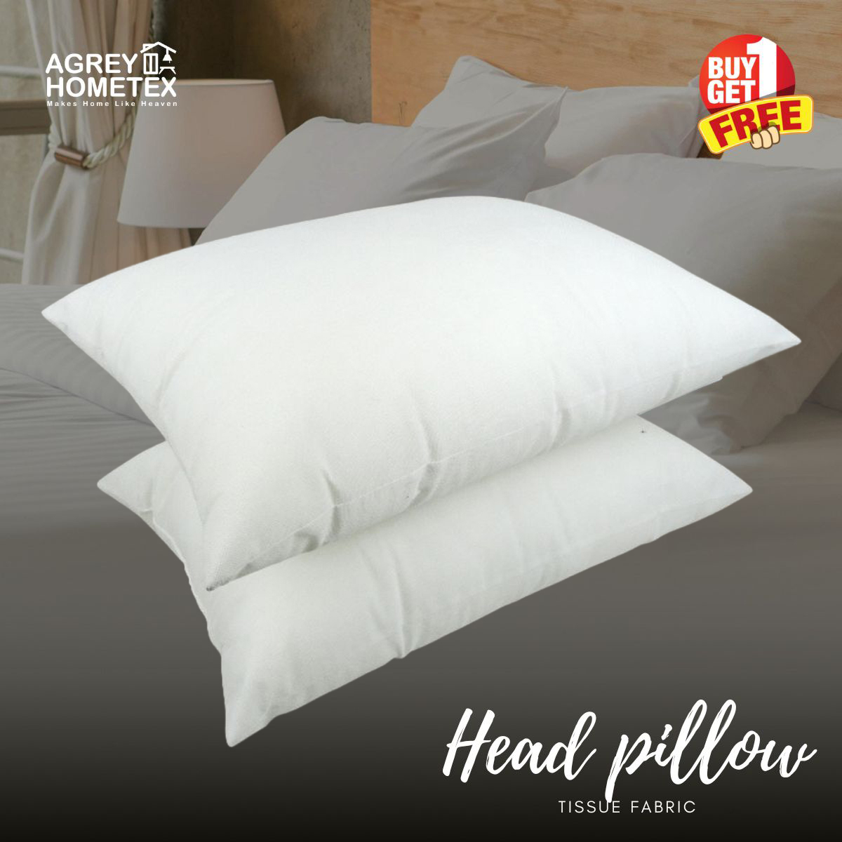 Buy 1 Get 1 Free, Fiber Head Pillow, Tissue Fabric, White, (18"x24")