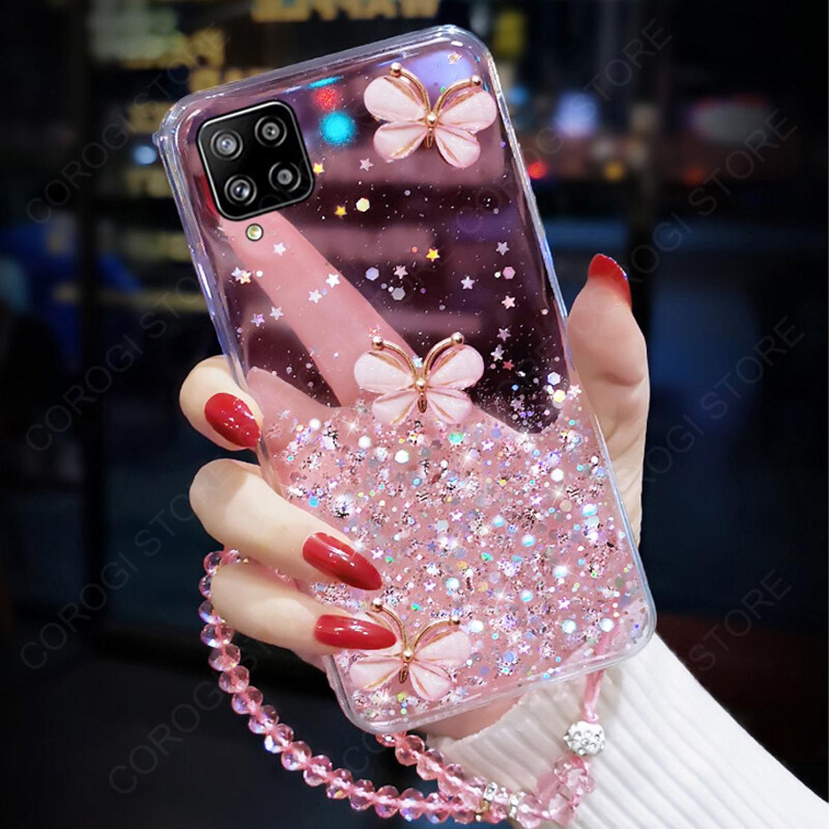 Glitter Samsung Galaxy A12 Phone Case For Samsung Galaxy A12 M12 Cover  Crystal Wrist Strap Fashion 3D Rhinestone Butterfly Shiny Glitter Girls  Phone Case Clear Soft Silicone Bumper Shockproof ...