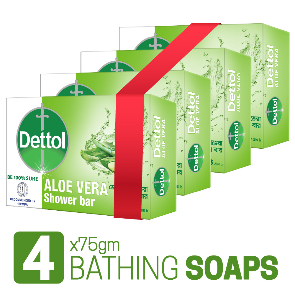 Dettol Soap Aloe Vera Quad Pack (75gm X 4), Bathing Bar Soaps with Aloe Vera Extract