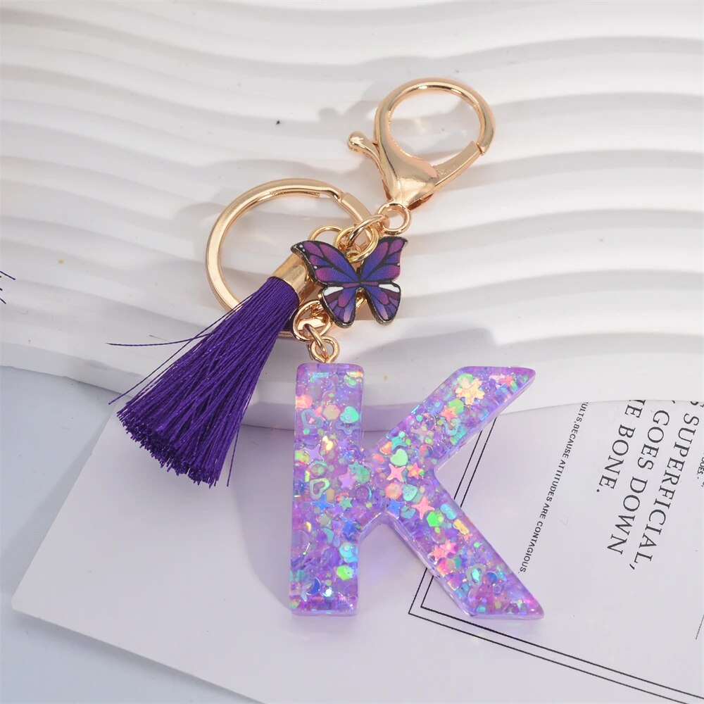Glitter 26 Initials Name Keychain Purple Color Sequin Filled Letter Key Ring With Tassel Butterfly For Women Backpack Bag Decor. 