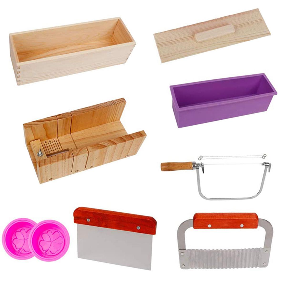 9PCS Silicone Soap Molds Kit,Rectangular Wooden Silicone Soap Mold Cutter SlicerHandmade Soap DIY for Soap Cake Making - Wood color