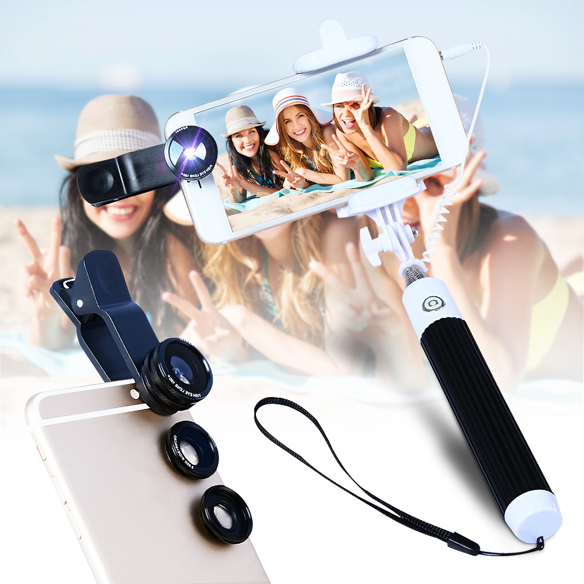 3 In1 Phone Camera Lens Kit Fisheye Wide Angle Macro Telephoto Lens with Selfie Stick Monopod. 