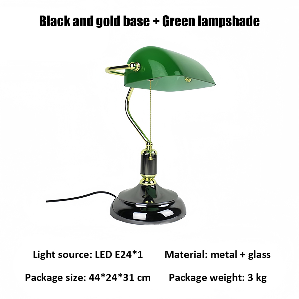 GC Vintage Desk Lamp Green Glass Antique Table Lights With Brass Base Wireless Rechargeable Pull Chain Traditional Library Lamp. 