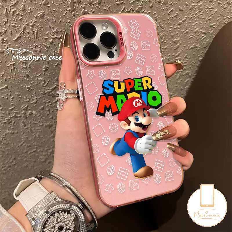 Cute Cartoon Super Mario Case Compatible for IPhone 16 11 15 14 13 12 Pro Max 7Plus XR X XS Max 15 7 16 8 Plus SE 2020 Luxury Plating Metal Lens Doodle Colored English Letter Cover. 