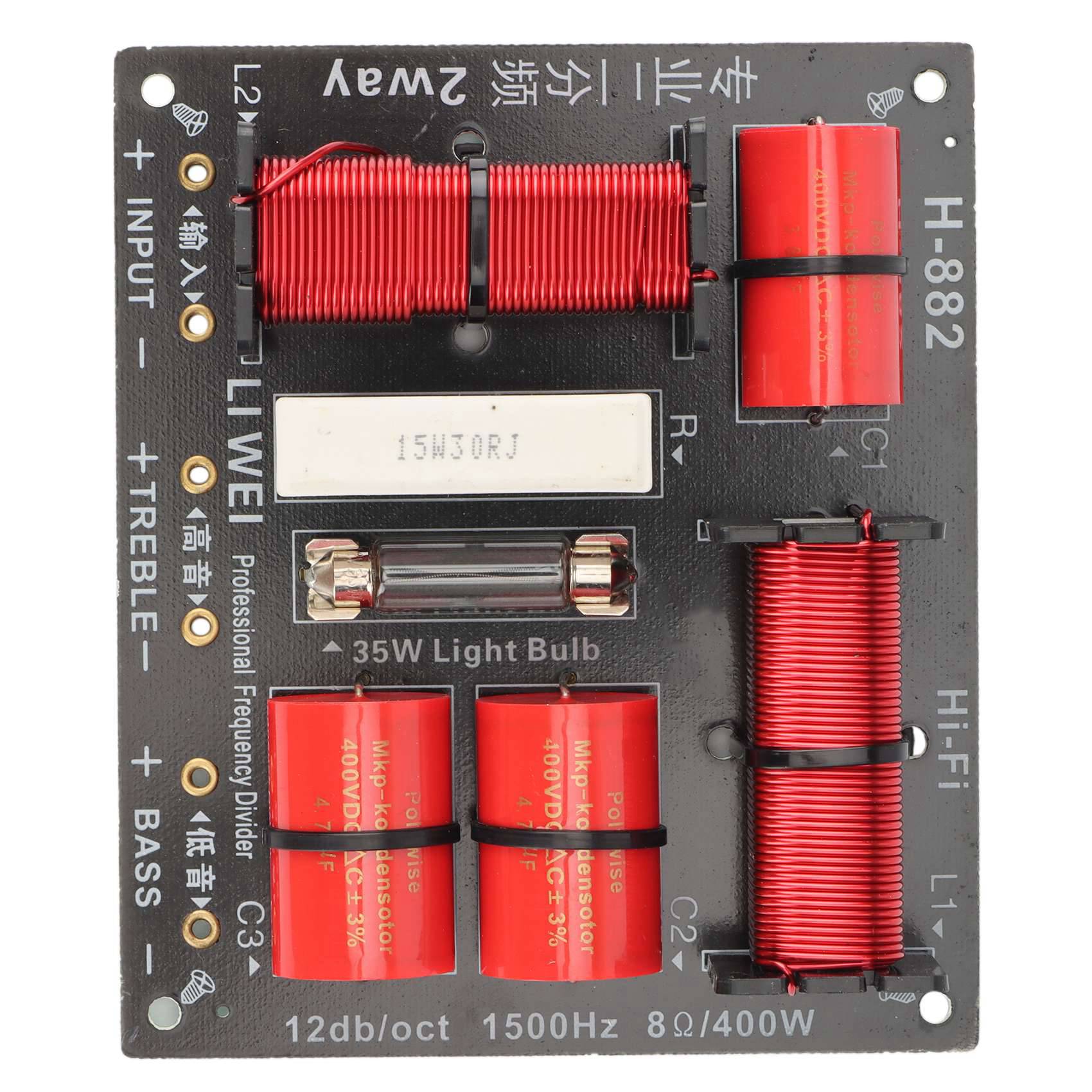 2X 400W Tweeter and Bass Crossover 2 Way Treble Woofer Divider 1.5Khz with Over-Current Protection Bulb. 