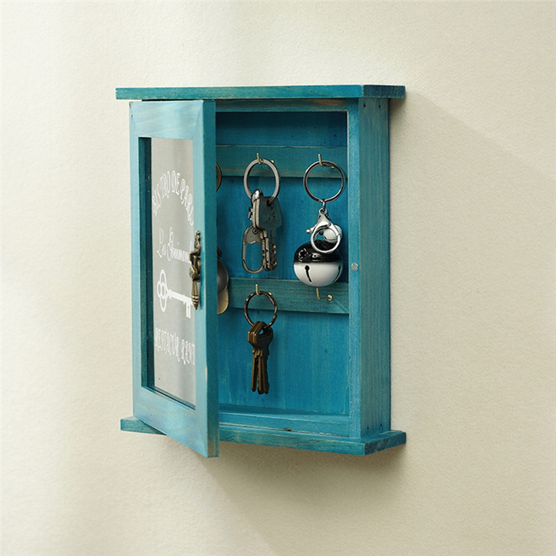 Wooden Key Box, Retro, Wall, Key Cabinet with Magnetic Door, Solid Wood Storage with 6 Hooks Easy Install Easy to Use -B. 