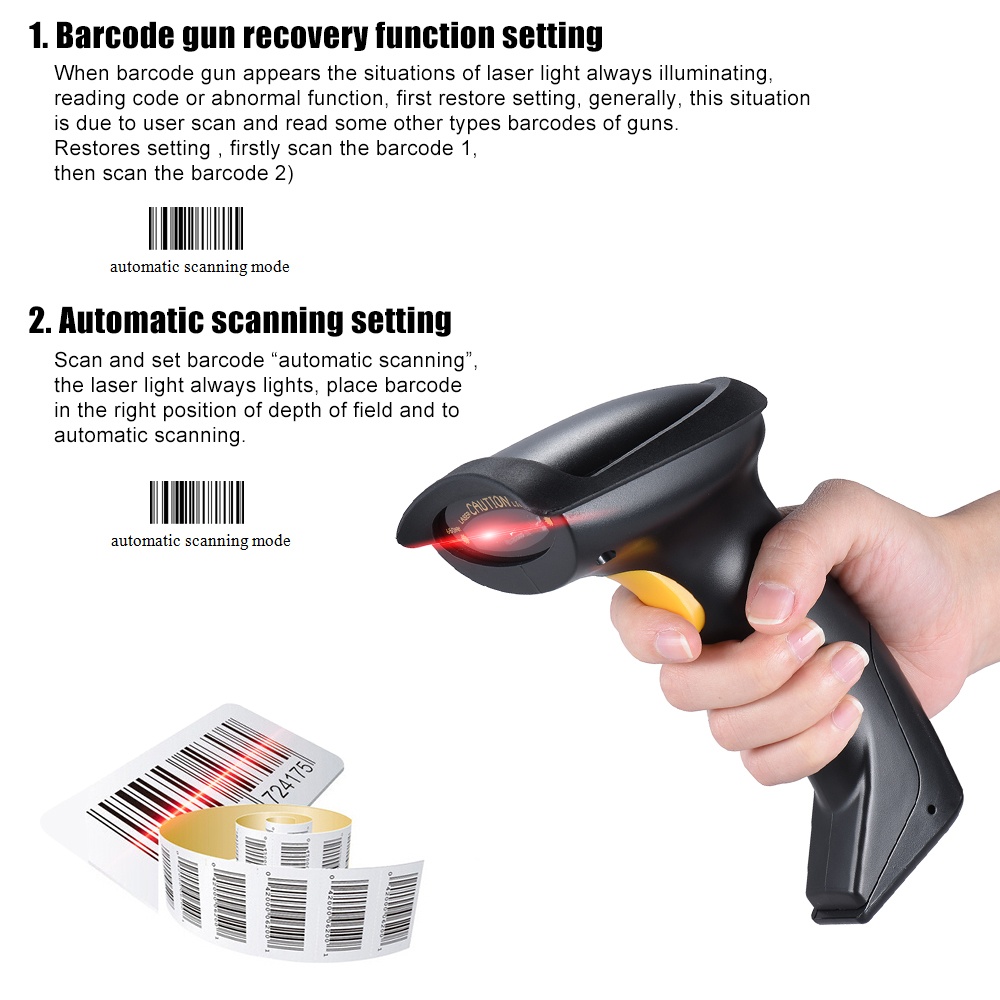Automatic/ Manual 2.4G Wireless Handheld 1D Barcode Scanner Reader Supports Reverse Type Bar Code Scanning with USB Receiver for Supermarket Library Logistics Express Retail Store Warehouse. 