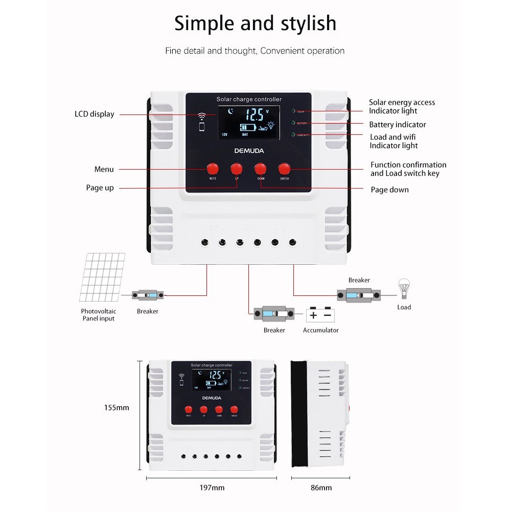 PWM Intelligent Solar Charges Controller Mobilephone App Control Real-time Data Monitoring Device LED Display 12V/24V Controllers for Leadacid Ternary Lithium and Lithium-iron Batteries-06. 