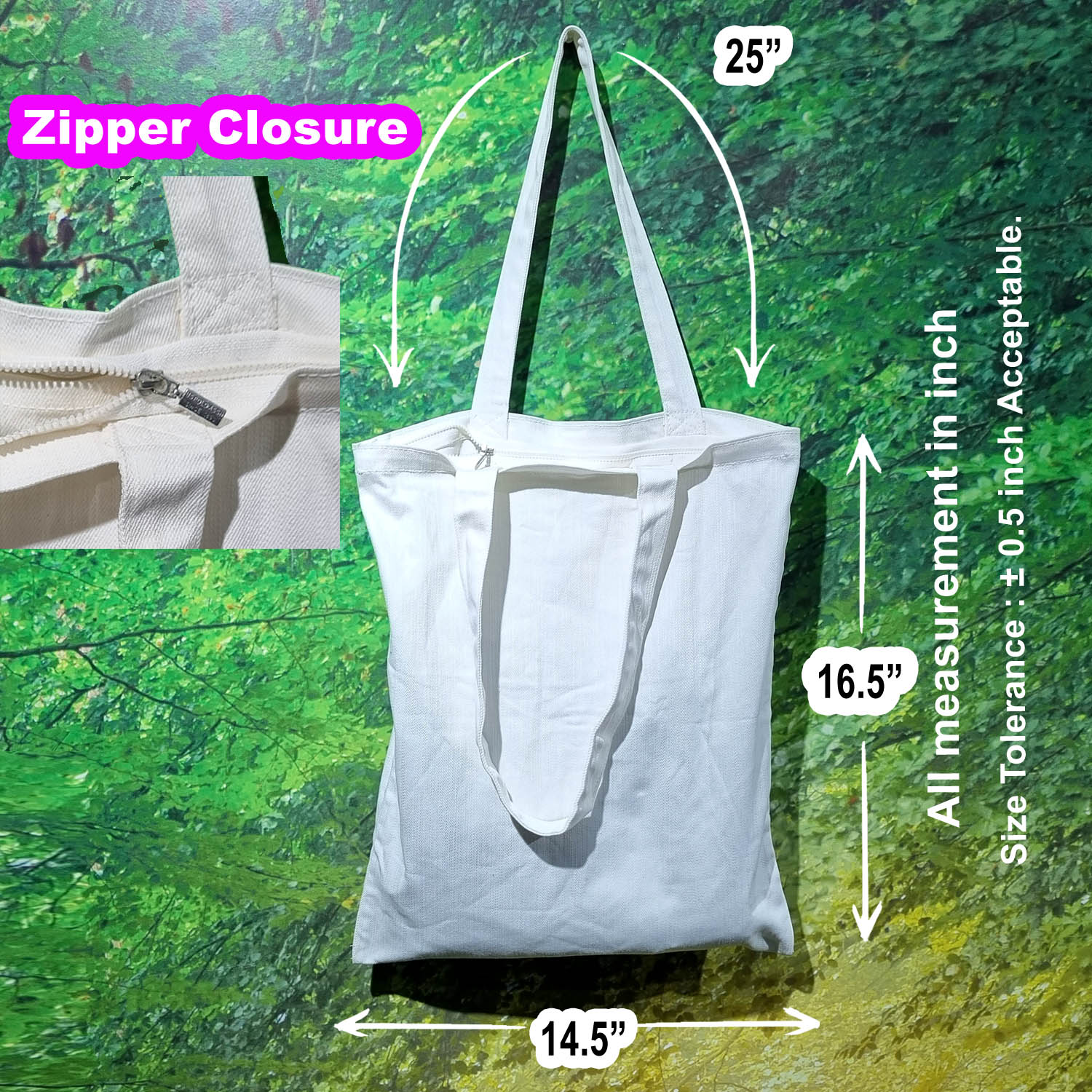 Zipper Closure Tote Bag, Cotton canvas and denim tote bags with Zipper