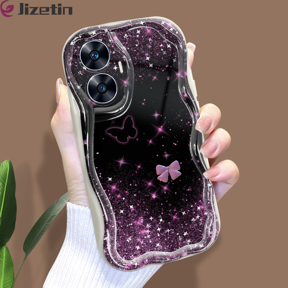 Jizetin for Realme C55 Back Cover Pink Purple Glitter Cream Wavy Edge Soft Silicone Phone Case