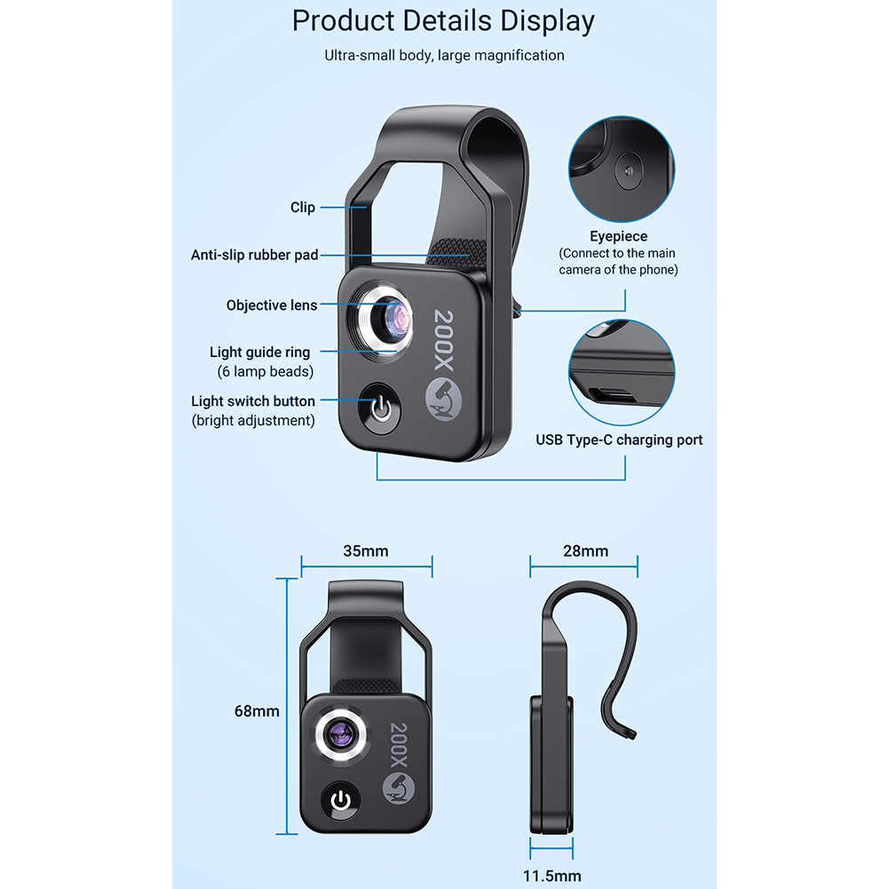 APEXEL 200X Magnification Microscope Lens with CPL Mobile LED Light Mini Pocket Macro Lenses for iPhone All Smartphones black. 