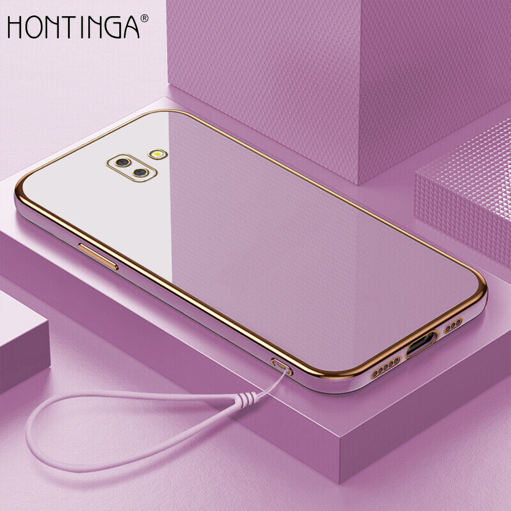 Hontinga for Samsung Galaxy J6 Plus 2018/J6 Prime Back Cover + Free Lanyard Luxury 6D Plating Frame Shiny Bling Case Soft Silicone Square Phone Cases