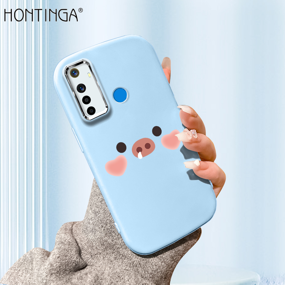 Hontinga for Realme 5 5S 5I 6I Back Cover Luxury Silver Edge Lens Piggy Face Pattern Soft Liquid Silicone Phone Case