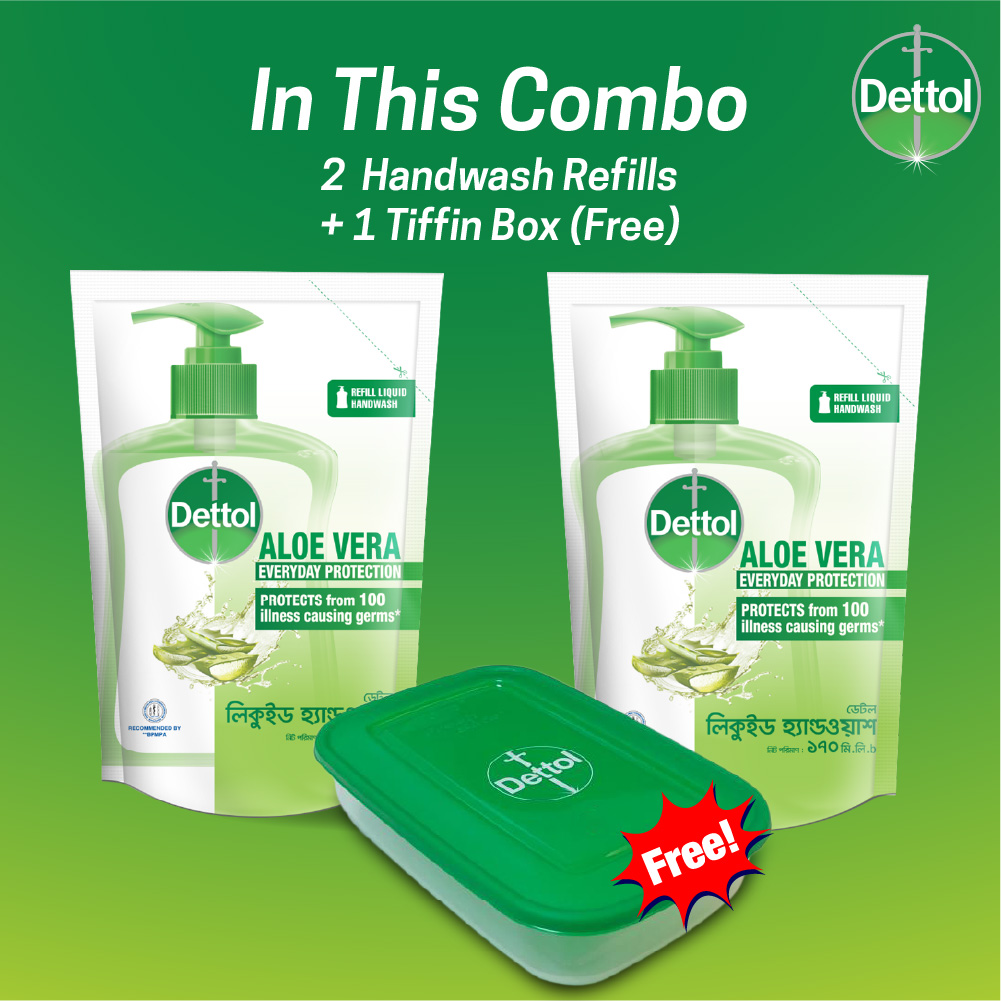 Dettol Handwash Aloe Vera Refill Double Pack (170ml x 2) Get Tiffin Box. 