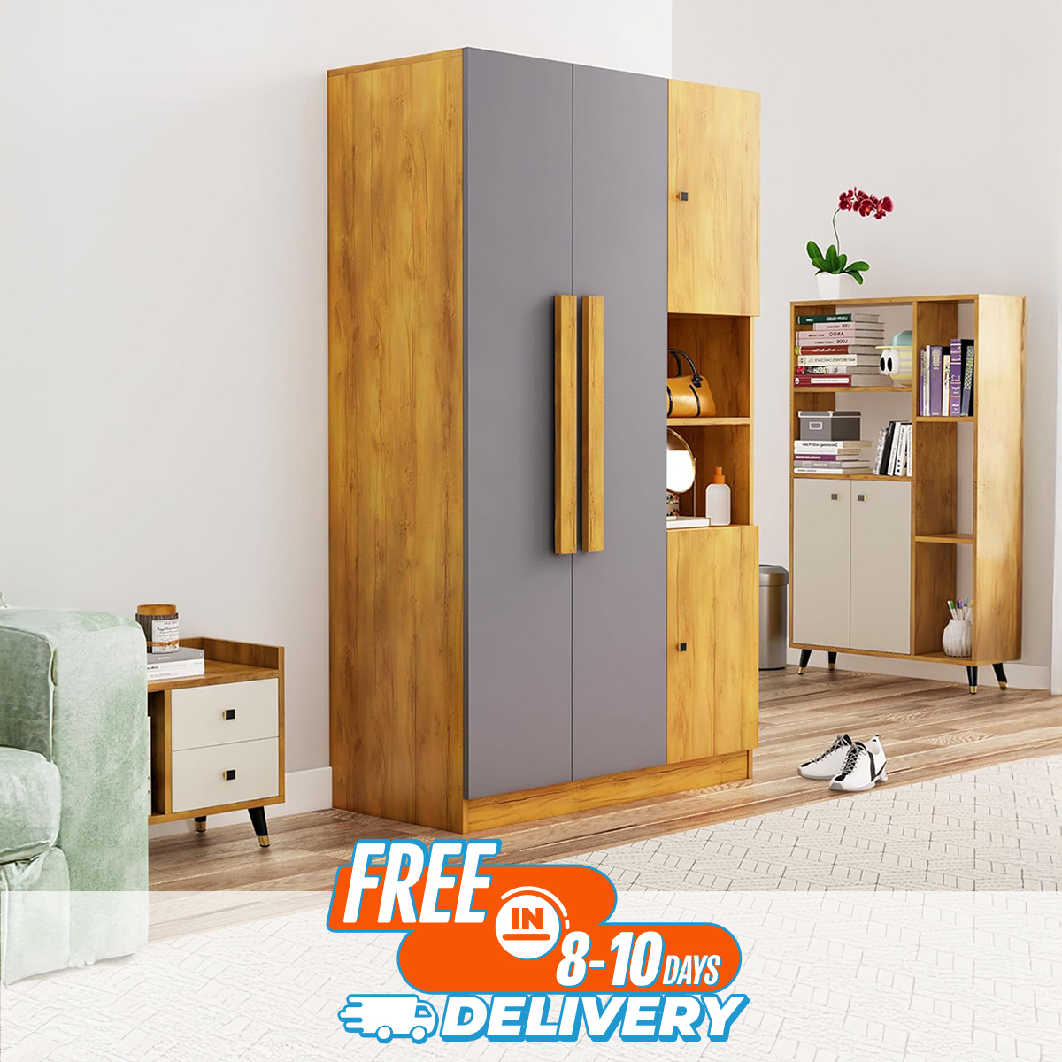 Modern Home Bniture Wooden Almirah for Clothes, Wooden Handel Door Wardrobe, 4 Door Almirah with Hanging Space & Storage Shelf 5 Year Warranty (Giant Wood & Slate Black72/48)
