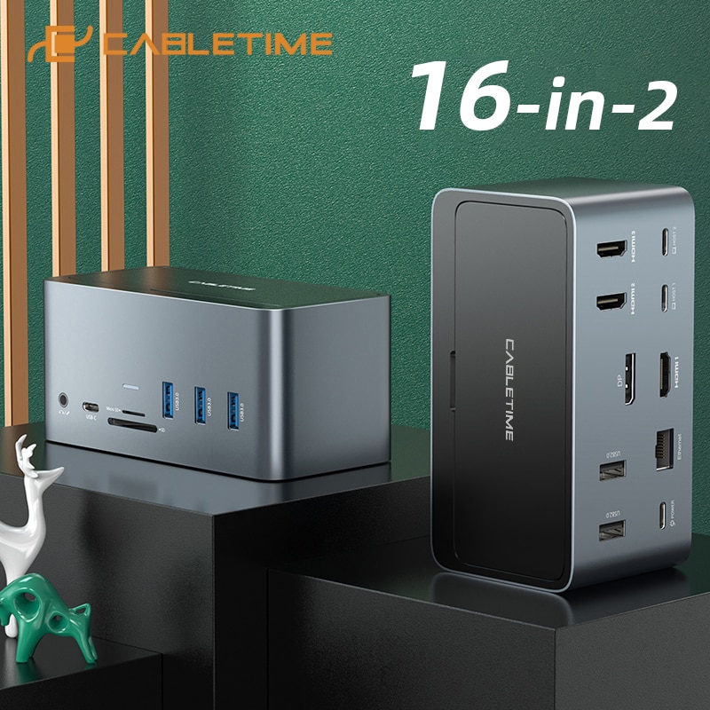 CABLETIME USB Docking Station HUB USB C to 4K HDMI DP RJ45 1000Mbps PD 100W USB3.0 for MacOS Windows Tablet Dock Station C419