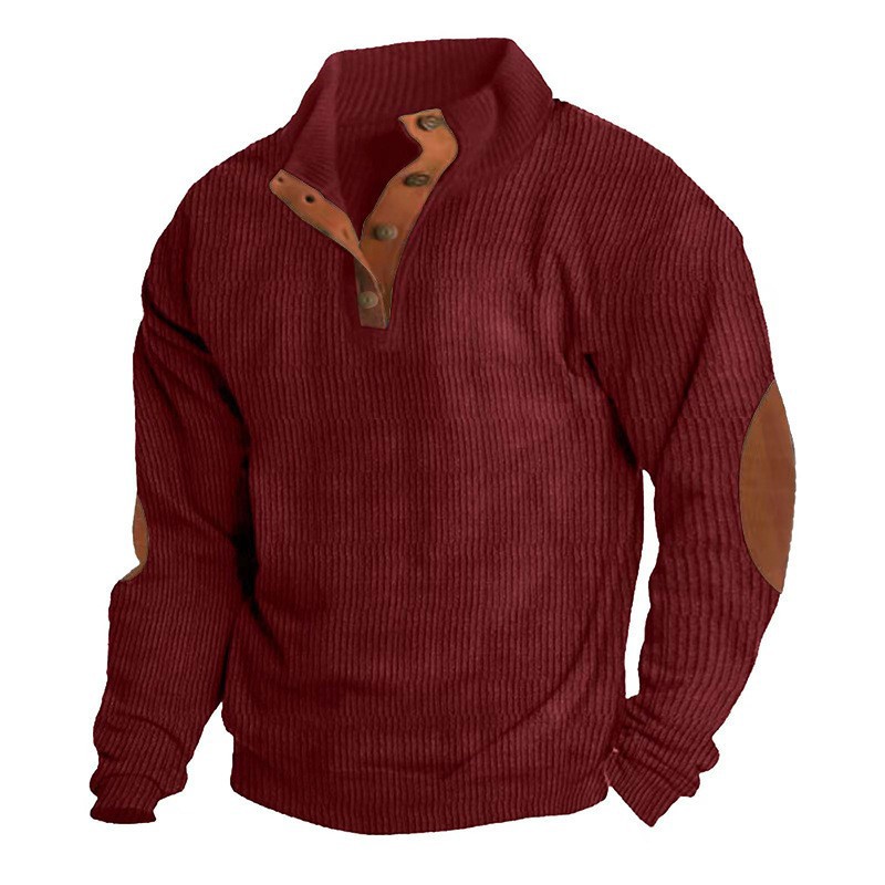 2024 New Men's Spring Corduroy Solid Color Semi-Open Long Sleeve Shirt Pullover Retro Casual Jacket Men