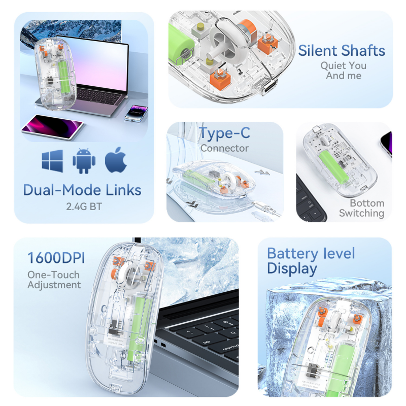 ilient brain Mac S huawei notebook electric mouse, suitable for dual-mode 2.4G gaming mouse transparent bluetooth wireless computer mouse rechargeable. 