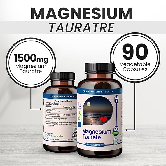 Truemed Organic Magnesium Taurate 1500mg – High Absorption Supplement for Heart, Stress, Sleep & Nerve Support – 90 Veg Capsules – Made in USA. 