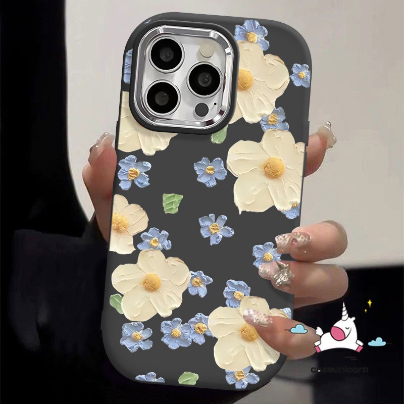 Art Cartoon Oil Painting Floral Doodle Case Compatible for IPhone 13 11 14 12 15 Pro Max 7Plus XR 8 7 Plus X XS Max SE 2020 Cute Flower Bracelet Luxury Plating Metal Lens Soft Case