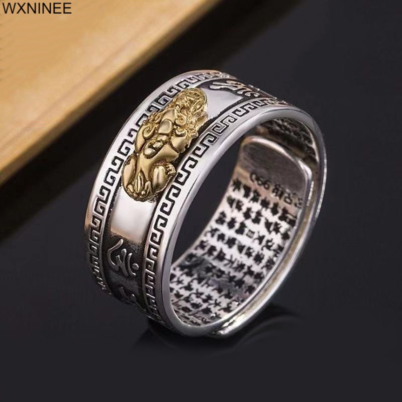 （New）Lucky Feng hui Pixiu Wealth & Protection Ring Buddhit cripture Carving Bleing Ancient Chinee Beat Alloy Open Ring. 