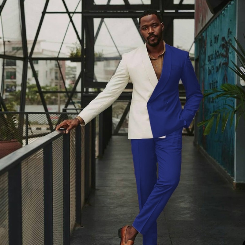 New Patchwork Men Suits 2 Pcs Double Breasted Man Blazer Sets Tuxedos Color Matching Prom Party Suit trajes de hombre Coat+Pant. 