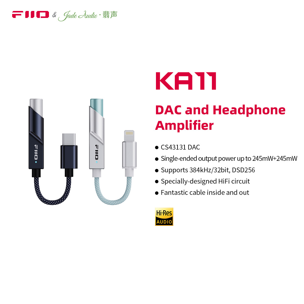 FiiO/JadeAudio KA11 Type C/Lightning to 3.5mm Audio Adapter 32bit/384KHz, USB Dongle HiFi DAC Amplifier for Android/iOS/Win Superman