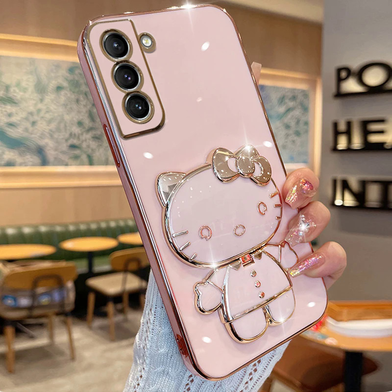 Plating Hello Kitty Phone Case for Samsung Galaxy S23 S22 Ultra S21 S20 FE S10 S9 S8 Note 20 9 8 Plus 10 Lite Mirror Rack Cover PCardiaCP. 