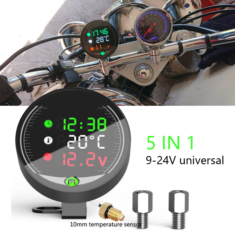 JDXHLAU 5 in 1 Motorcycle Water Temperature Meter USB Rechargable Time Voltmeter LED Night Vision Meter with Temperature Sensor. 