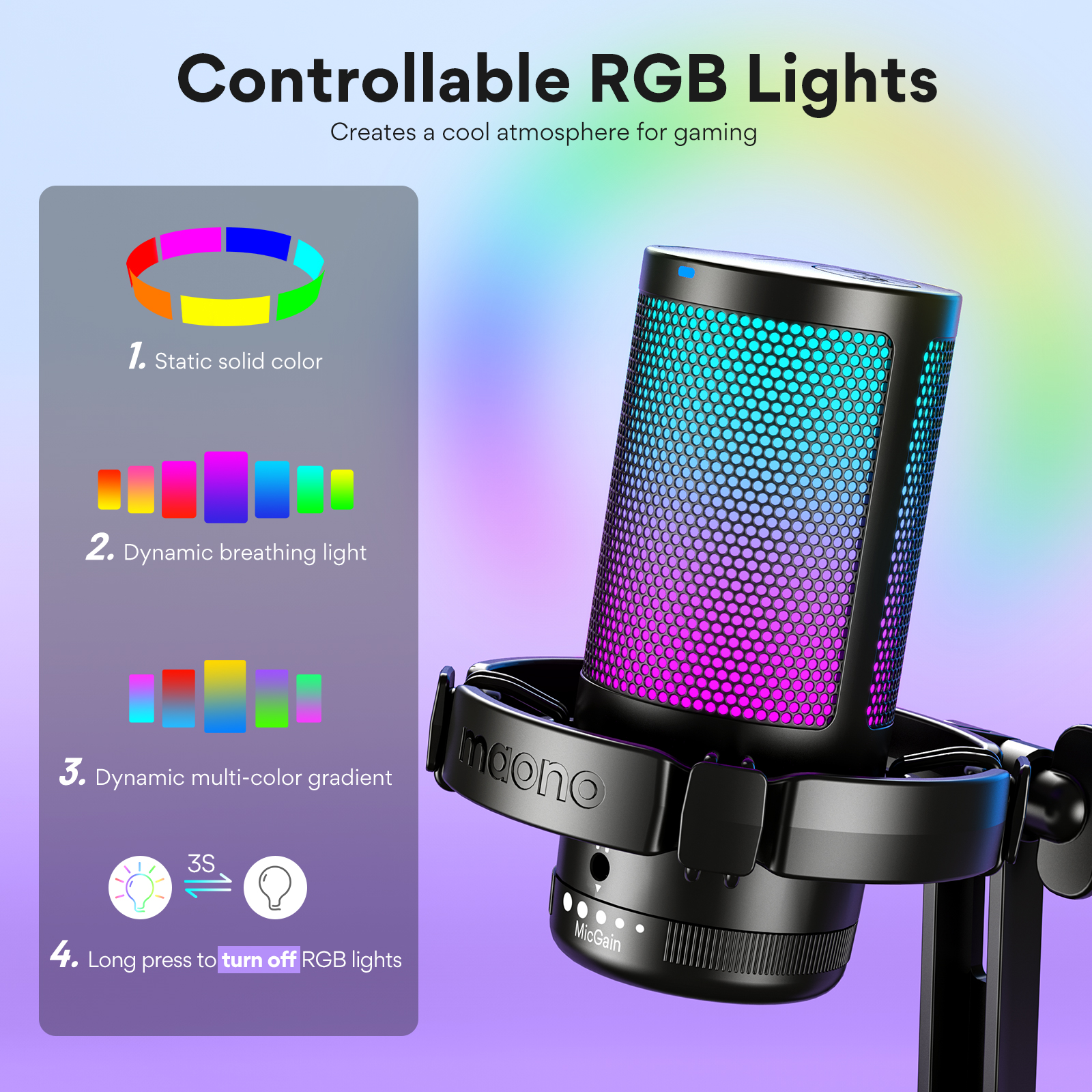 Maono DGM20 Gaming Microphone,USB Microphone Condenser Mic RGB Gaming Mic with Noise reduction software,Mic Gain,One Key Mute. 