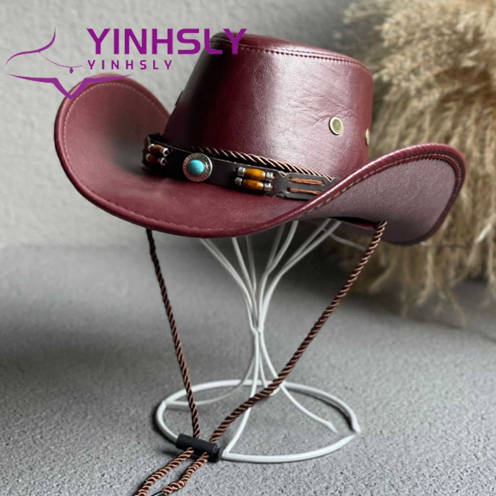Faux Leather Cowboy Hat Vintage Western Cowboy Hat with Ethnic Belt  Decoration Unisex Adjustable Dress Hat for Men Women Men Women Cowboy Hat