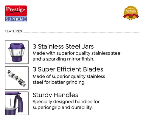 Prestige Supreme Mixer Grinder 750 watts 3 jars (1500ml, 1200ml, 450ml) Violet Color. 