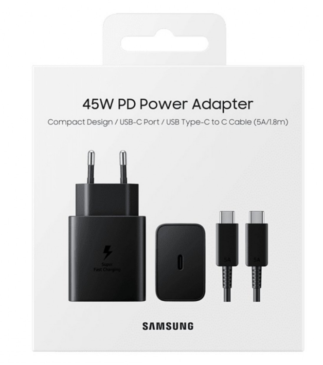 Samsung 45W PD Super Fast Charger 2.0 with Type C to Type C data cable. 45 watt fast charger samsung