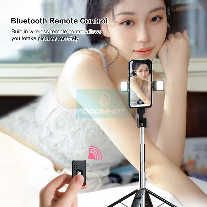 DoomHot P04 Bluetooth Selfie Stick Stretchable Holder Portable 3 Colors LED Fill Light Anti-Shake Stabilizer Adjust 360°Rotating Stand Holder Self-Timer Artifact Rod. 