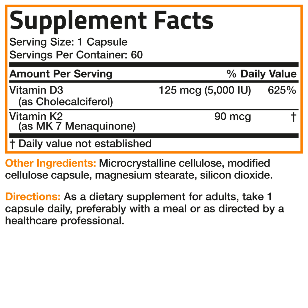 Bronson Vitamin K2 MK-7 Plus Vitamin D3 - 60 Capsules (D3 5000iu & K2 90mcg). 