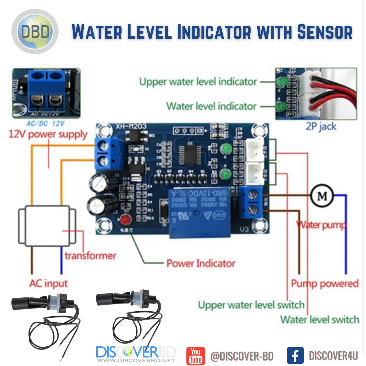 Automatic Water Level Indicator with 2 Pcs Water Level Sensor