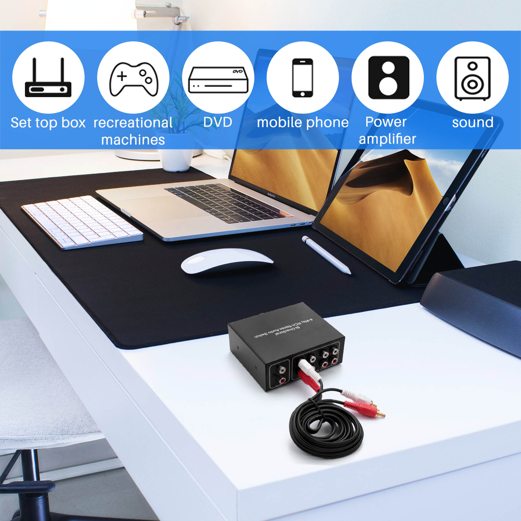 4 Way Bi-Directional Stereo Audio Switch L/R Jack Audio Switcher. 