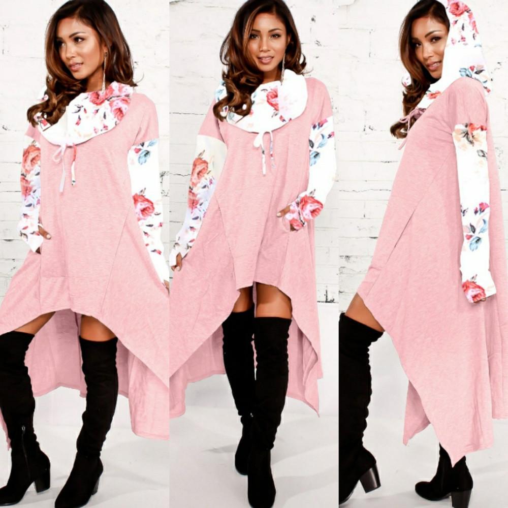 Women Loose Hoodie Long Hooded Tops Ladies Sweatshirt Sweater Asymmetric Blouse